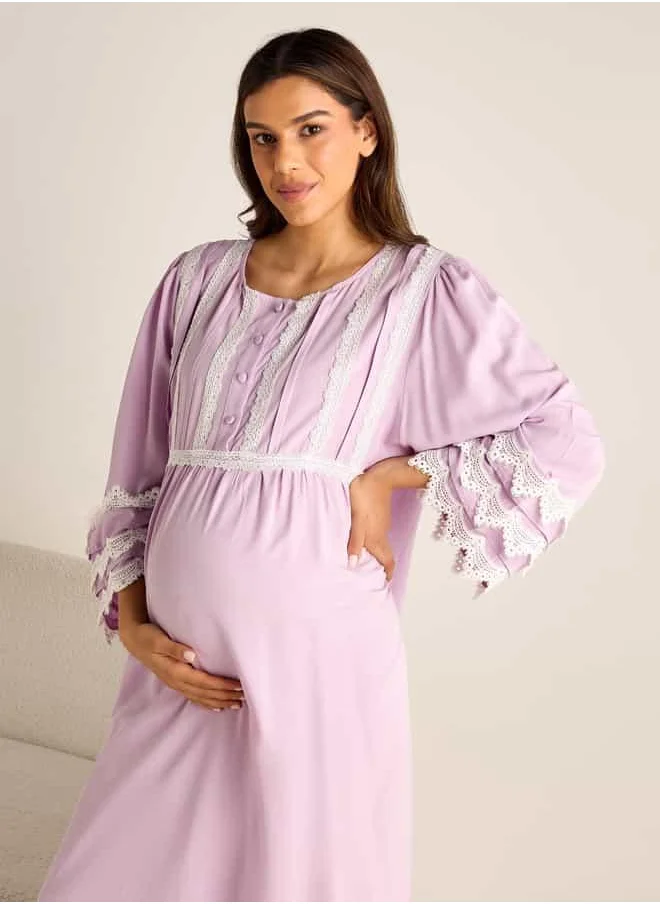 فاف Lace Detail Maternity Night Gown with 3/4 Sleeves