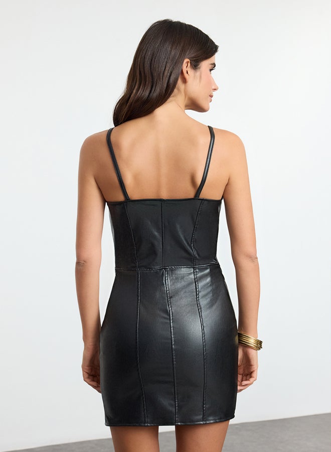 trendyol Black Body-Smooth Zipper Detail Faux Leather Mini Dress TPRAW25EL00156 - Image 5