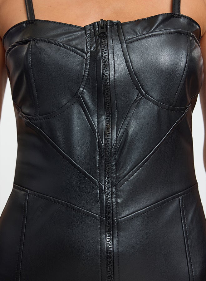 trendyol Black Body-Smooth Zipper Detail Faux Leather Mini Dress TPRAW25EL00156 - Image 4