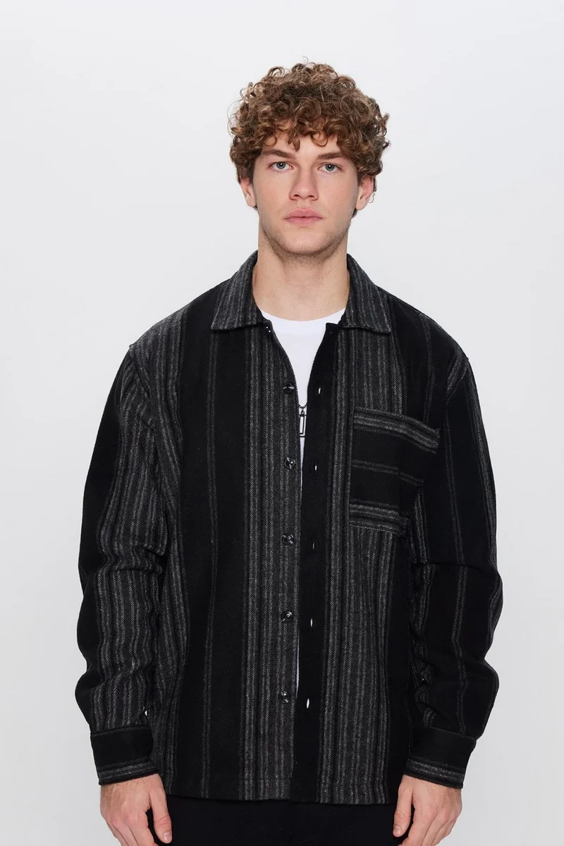Tudors Men's Relax Fit Casual Cut Lumberjack Striped Single Pocket Winter Shirt
