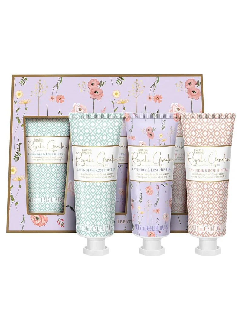 بايليس & هاردينج مجموعة هدايا فاخرة من كريمات اليدين من رويال جاردن، برائحة اللافندر وشاي ثمر الورد، ٣ × ٥٠ مل | عناية بالبشرة نباتية | هدية أنيقة للنساء