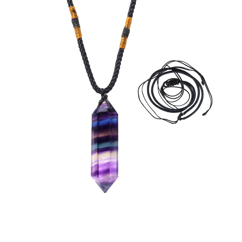 Runyangshi Runyangshi Rainbow Fluorite Healing Crystal Pendants Double Pointed Natural Crystal Quartz Necklace 6 Faceted Chakra Crystal Wand Stone 