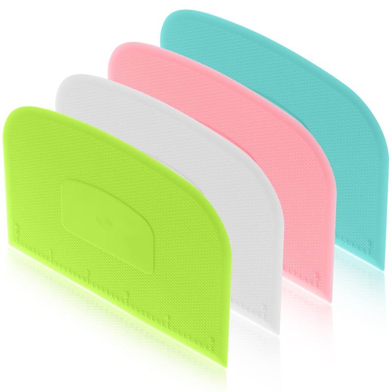 4 Piece Plastic Dough Scraper Bowl Scraper Flexible Multipurpose Food Scraper Plastic Dough Cutter for Bread Cake Dough Fondant Icing White Green Blue Pink