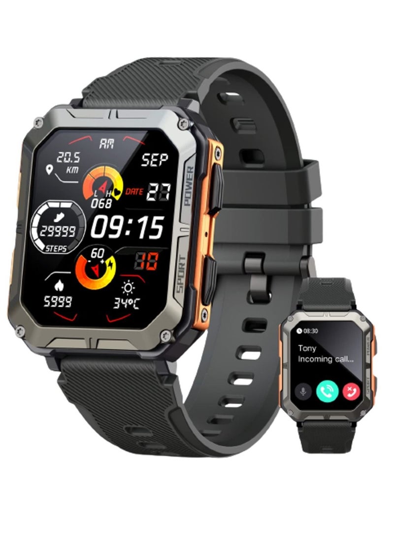 ساعة ذكية متينة للرجال ، ساعة رياضية مع الرد / إجراء مكالمة ، جهاز تعقب للياقة البدنية عداد الخطى سبو2 لعشاق الهواء الطلق-برتقالي - Image 1