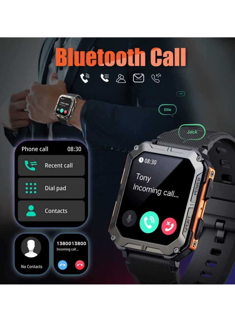 ساعة ذكية متينة للرجال ، ساعة رياضية مع الرد / إجراء مكالمة ، جهاز تعقب للياقة البدنية عداد الخطى سبو2 لعشاق الهواء الطلق-برتقالي - Image 3