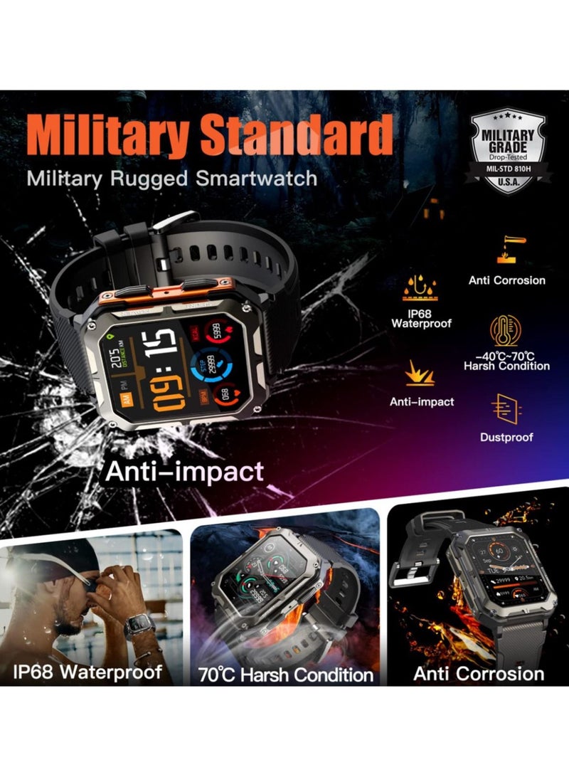 ساعة ذكية متينة للرجال ، ساعة رياضية مع الرد / إجراء مكالمة ، جهاز تعقب للياقة البدنية عداد الخطى سبو2 لعشاق الهواء الطلق-برتقالي - Image 2