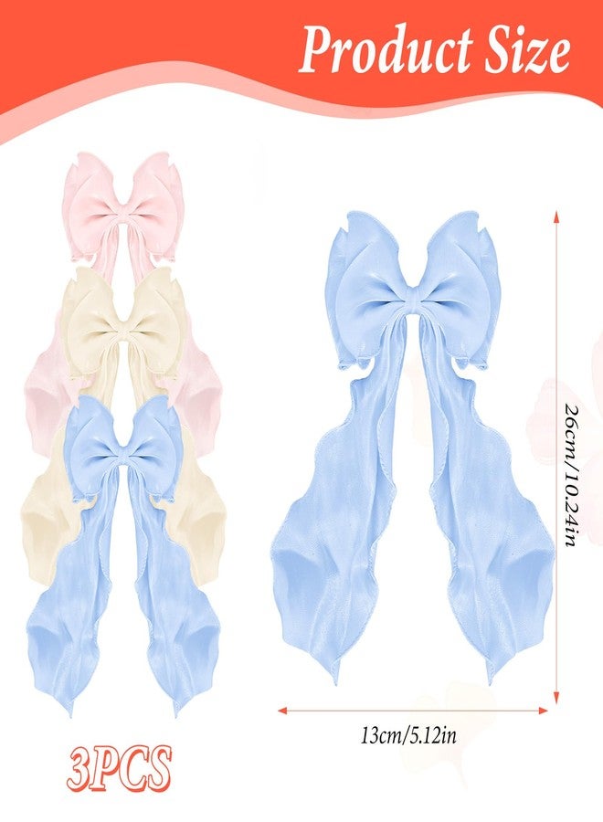 Matwsec 3PCS Pink Hair Bows Stain White Bow for Hair Big Silk Light Blue Hair Bow Clips for Wedding Birthday Party Bowknot Aesthetic Accessories - Image 2