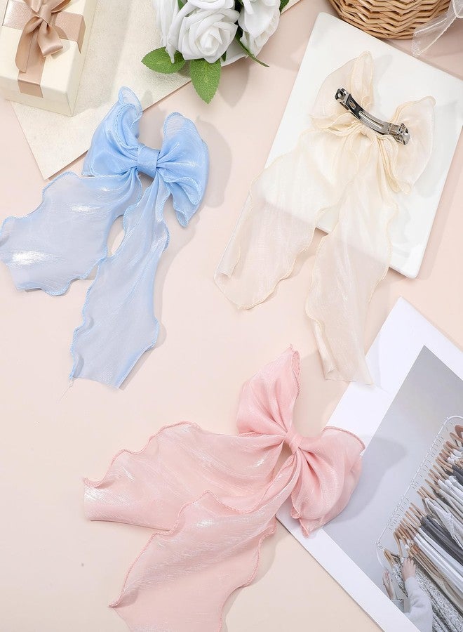 Matwsec 3PCS Pink Hair Bows Stain White Bow for Hair Big Silk Light Blue Hair Bow Clips for Wedding Birthday Party Bowknot Aesthetic Accessories - Image 5