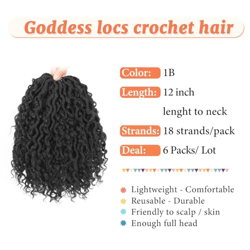 Forevery Goddess Locs Crochet Hair 12 Inch Faux Locs Crochet Hair 6 Packs Pre Looped Crochet Hair for Black Women, Boho Crochet Locs with Curly Ends 1B - Image 2