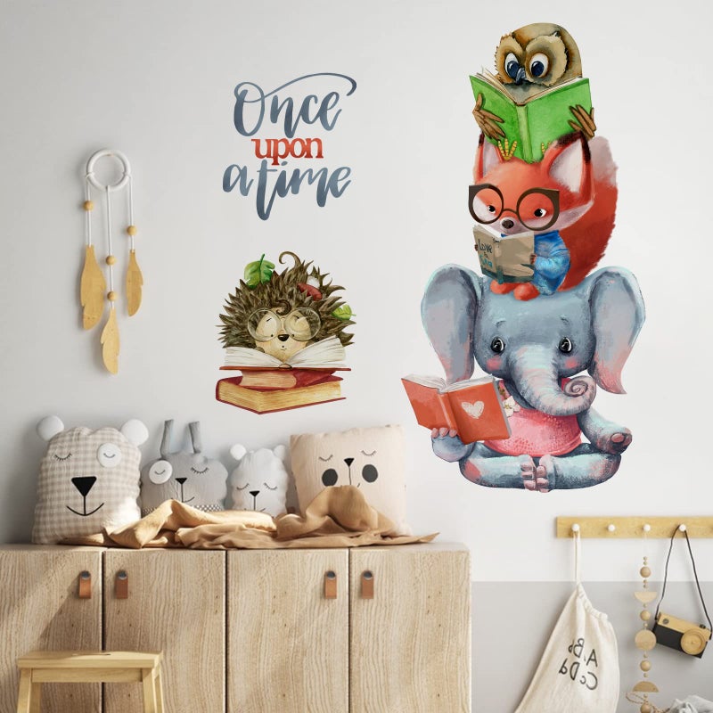 Mfault Once Upon a Time Reading Animals Wall Decals Stickers, Motivational Fox Elephant Owl Hedgehog Reading Books Nursery Decoration Classroom Bedroom Art, Kids Toddlers Study Room Library Decor - Image 4