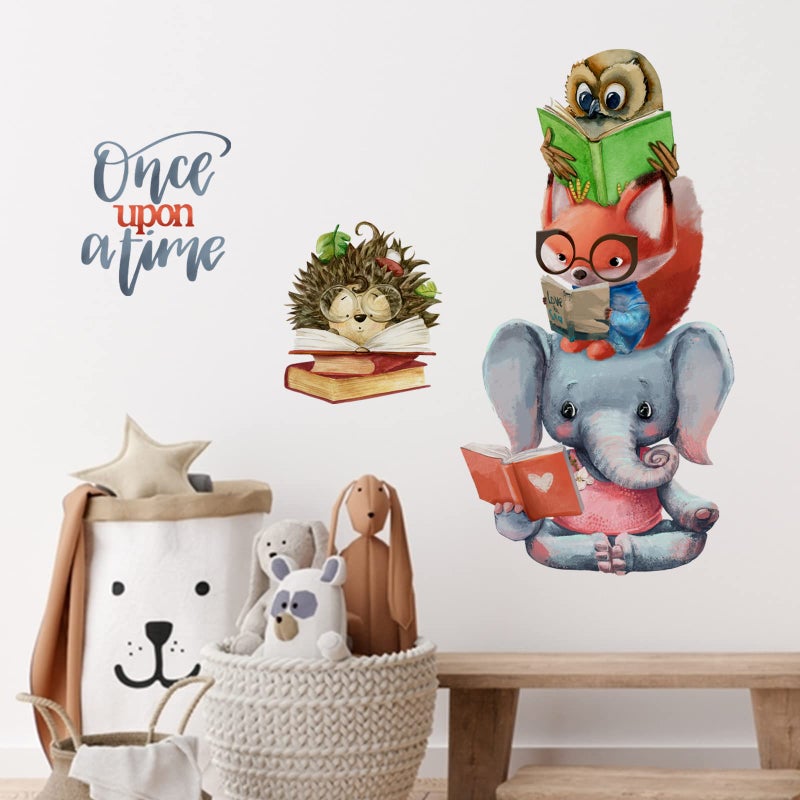Mfault Once Upon a Time Reading Animals Wall Decals Stickers, Motivational Fox Elephant Owl Hedgehog Reading Books Nursery Decoration Classroom Bedroom Art, Kids Toddlers Study Room Library Decor - Image 5