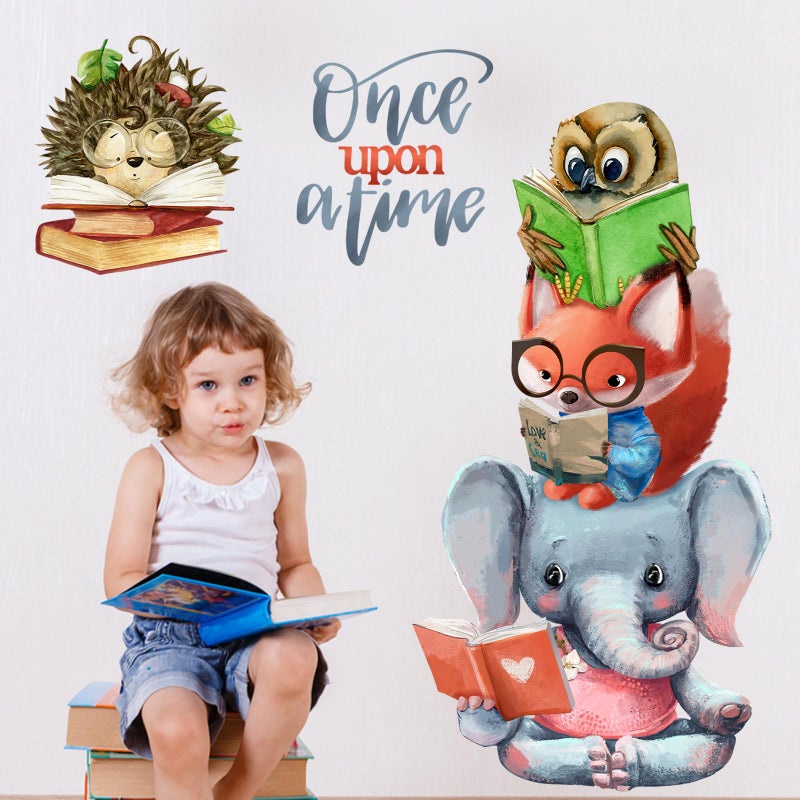 Mfault Once Upon a Time Reading Animals Wall Decals Stickers, Motivational Fox Elephant Owl Hedgehog Reading Books Nursery Decoration Classroom Bedroom Art, Kids Toddlers Study Room Library Decor - Image 3