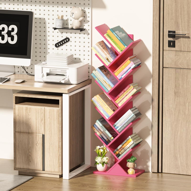 SHEEPAM 10 Tier Tree Book Shelf, Floor Standing Wood Bookshelf for Narrow Space, Storage Organizer Bookshelves for Books/CDs/Magazine, Bookcase with Shelves for Home Office, Living Room - Pink - Image 3