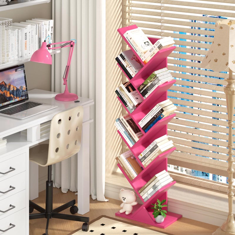 SHEEPAM 10 Tier Tree Book Shelf, Floor Standing Wood Bookshelf for Narrow Space, Storage Organizer Bookshelves for Books/CDs/Magazine, Bookcase with Shelves for Home Office, Living Room - Pink - Image 2
