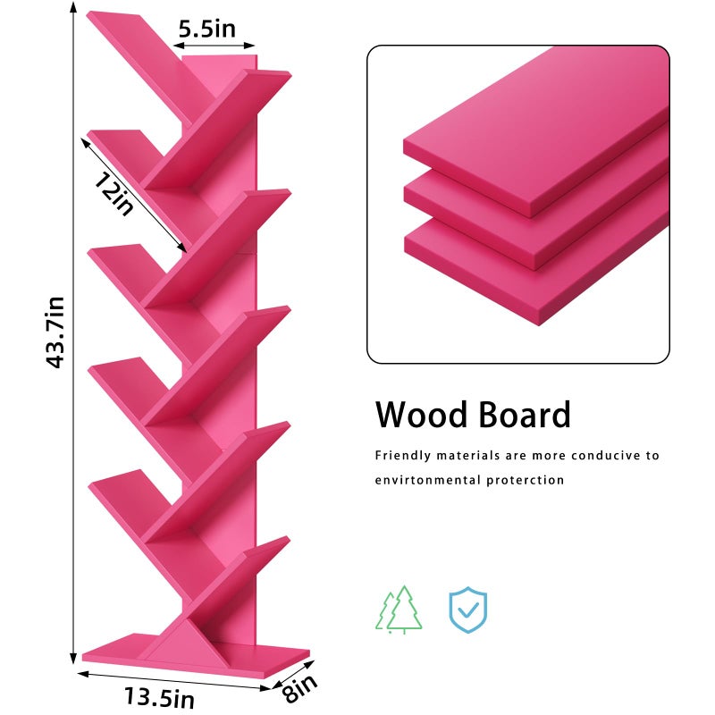 SHEEPAM 10 Tier Tree Book Shelf, Floor Standing Wood Bookshelf for Narrow Space, Storage Organizer Bookshelves for Books/CDs/Magazine, Bookcase with Shelves for Home Office, Living Room - Pink - Image 4