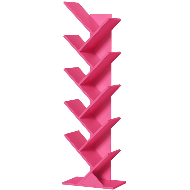 SHEEPAM 10 Tier Tree Book Shelf, Floor Standing Wood Bookshelf for Narrow Space, Storage Organizer Bookshelves for Books/CDs/Magazine, Bookcase with Shelves for Home Office, Living Room - Pink - Image 1