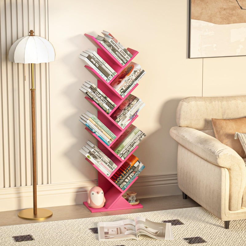 SHEEPAM 10 Tier Tree Book Shelf, Floor Standing Wood Bookshelf for Narrow Space, Storage Organizer Bookshelves for Books/CDs/Magazine, Bookcase with Shelves for Home Office, Living Room - Pink - Image 5