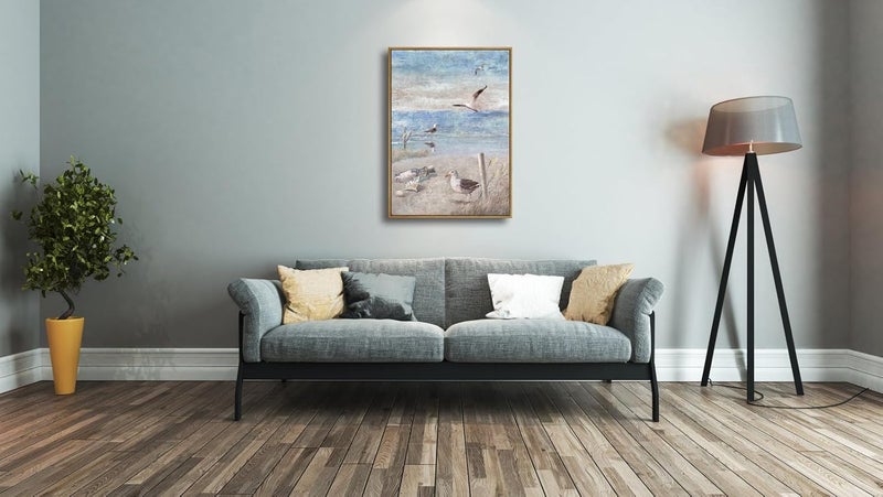 Pyradecor Large Bathroom Decor Blue Beach Seaside Seagull Picture Framed Perching Bird by the Seashore Coastal Ocean Canvas Wall Art for Laundry Room Bedroom Decoration - Image 5