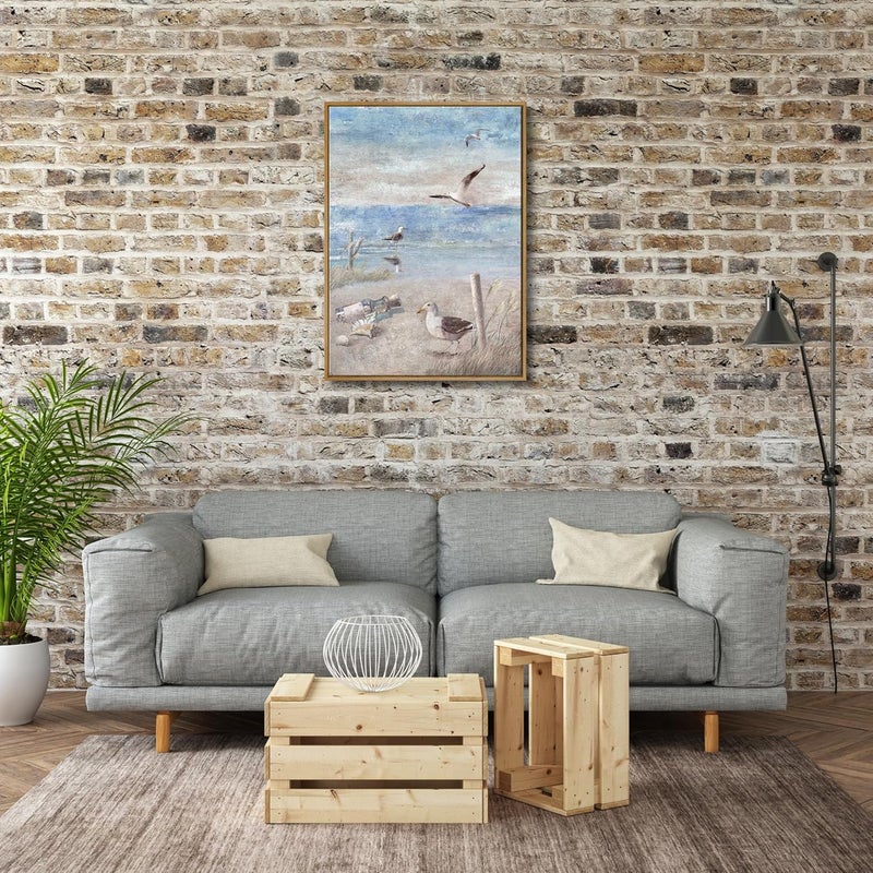 Pyradecor Large Bathroom Decor Blue Beach Seaside Seagull Picture Framed Perching Bird by the Seashore Coastal Ocean Canvas Wall Art for Laundry Room Bedroom Decoration - Image 3