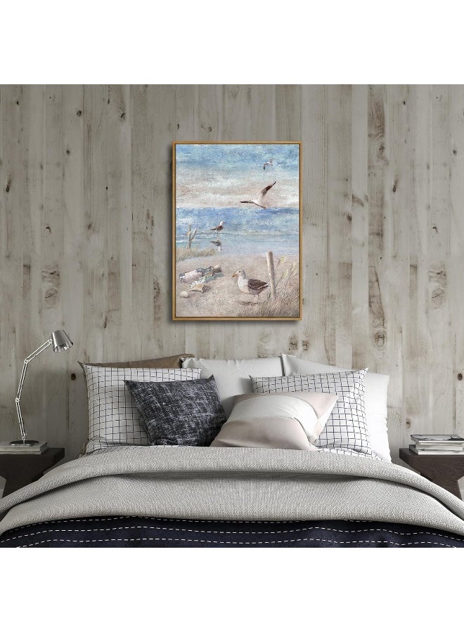 Pyradecor Large Bathroom Decor Blue Beach Seaside Seagull Picture Framed Perching Bird by the Seashore Coastal Ocean Canvas Wall Art for Laundry Room Bedroom Decoration - Image 2