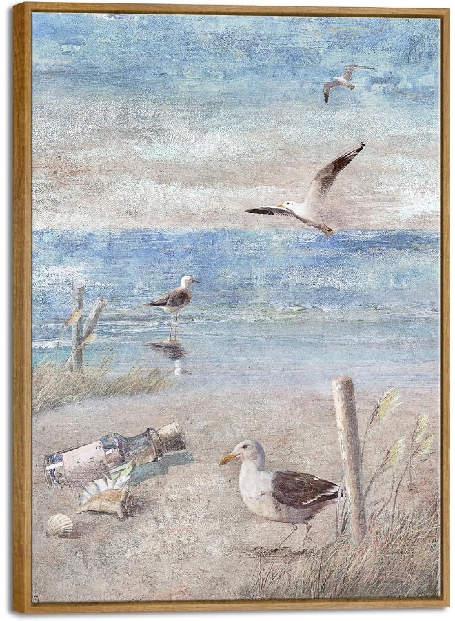 Pyradecor Large Bathroom Decor Blue Beach Seaside Seagull Picture Framed Perching Bird by the Seashore Coastal Ocean Canvas Wall Art for Laundry Room Bedroom Decoration - Image 1