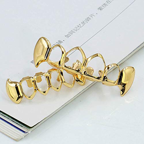 TOPGRILLZ 14K Gold Plated Open Face Top and Bottom Grillz for Your Teeth Vampire Grill Hip Hop Cosplay Costume Rapper Accessory (Gold Vampire) - Image 3