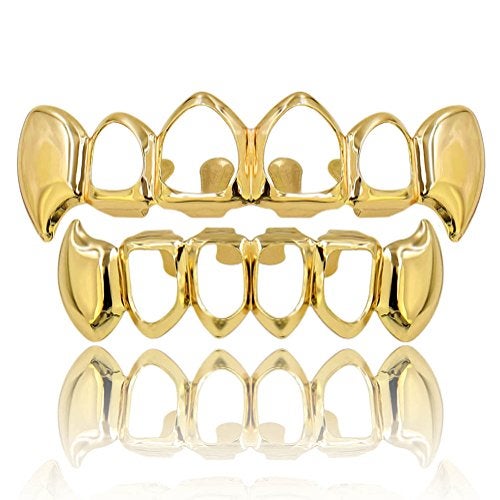 TOPGRILLZ 14K Gold Plated Open Face Top and Bottom Grillz for Your Teeth Vampire Grill Hip Hop Cosplay Costume Rapper Accessory (Gold Vampire) - Image 1