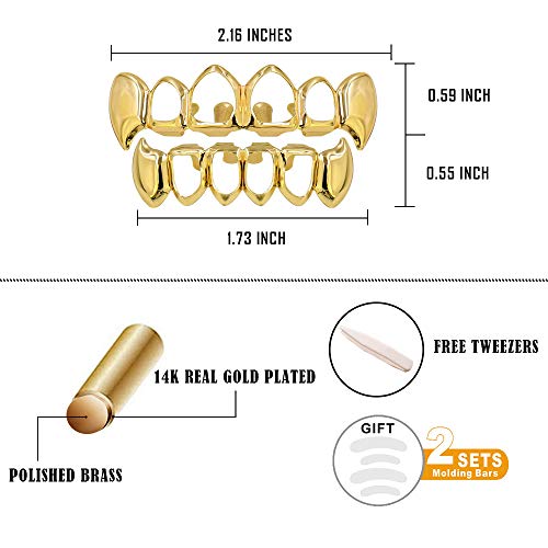 TOPGRILLZ 14K Gold Plated Open Face Top and Bottom Grillz for Your Teeth Vampire Grill Hip Hop Cosplay Costume Rapper Accessory (Gold Vampire) - Image 2