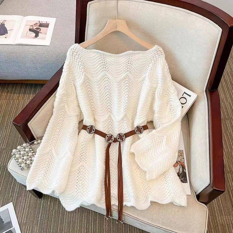 Plus Size Womens Clothing 2025 Spring  Fall New Style One-Line Collar Cut Out Knitted Sweater Korean Style Age-Reducing Waist Loose and Versatile Women White [fabric] free belt 