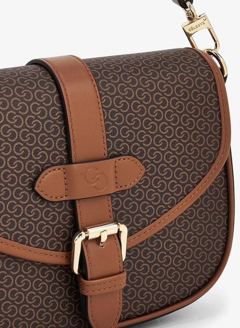 Celeste TAN Monogram Print Crossbody Bag with Button Closure for Women | Best Price UAE