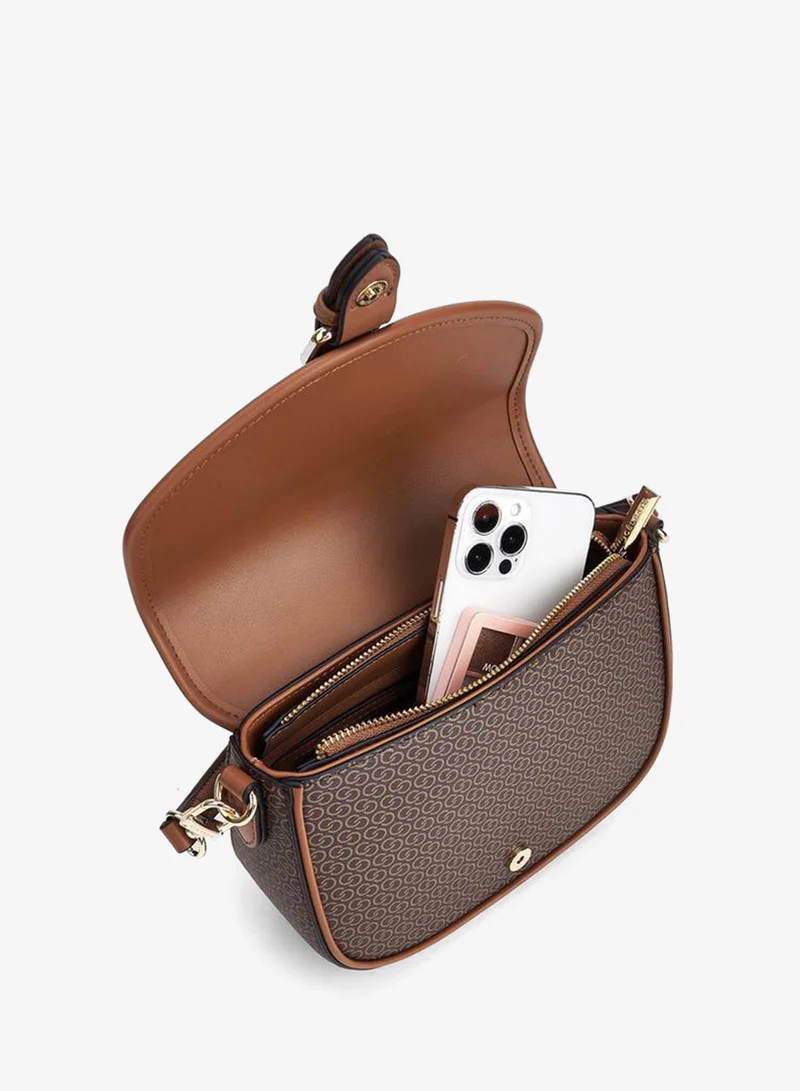 Celeste TAN Monogram Print Crossbody Bag with Button Closure for Women | Best Price UAE