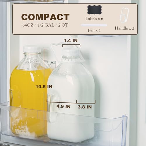 FyndraX Glass Milk Jugs Bottles - Half Gallon / 2Qt Container Pitcher with Airtight Screw Lids and Handle for Milk, Breastmilk, Juice, Iced Tea, Cold Water, 64 OZ Set of 2 - Image 5