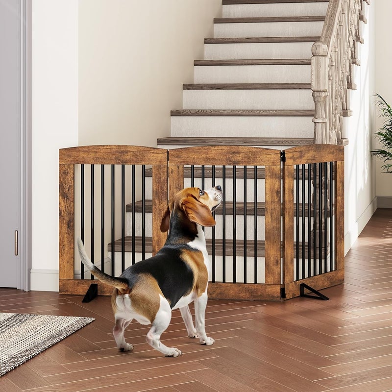 HOOBRO Indoor Dog Gate with Support Feet Freestanding Pet Gate for Doorway Stairs 315 Inch 3 Panels Folding Dog Fence 360 Hinge for Easy Access Sturdy Iron Pipe Rustic Brown BF06PP03 - Image 2