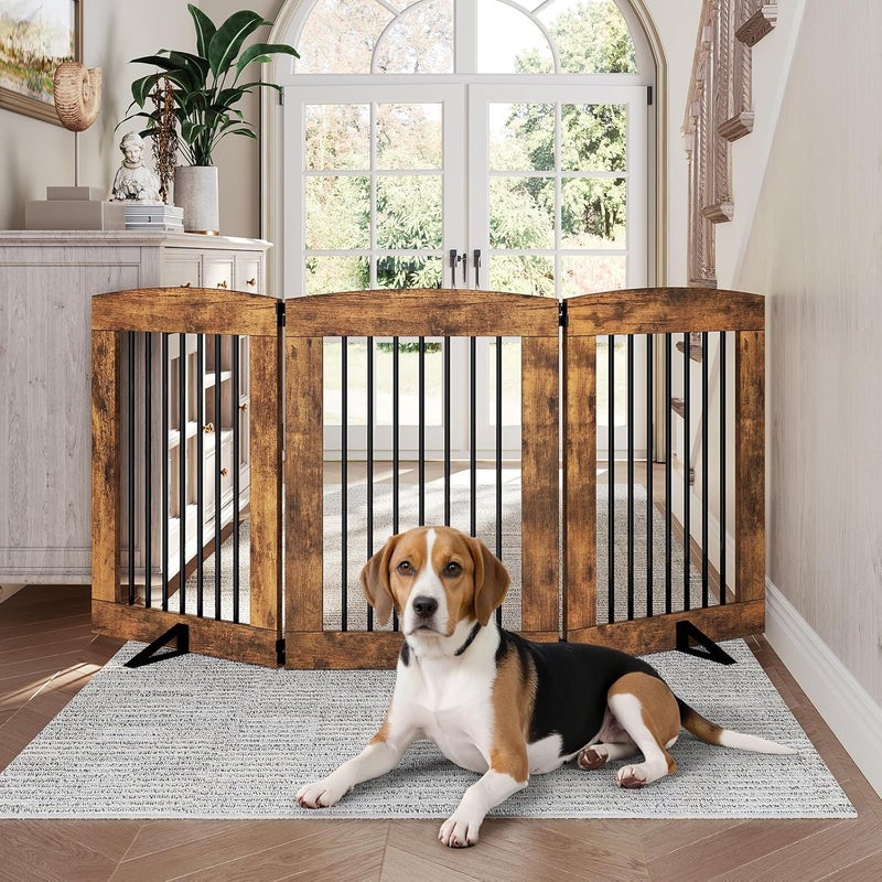 HOOBRO Indoor Dog Gate with Support Feet Freestanding Pet Gate for Doorway Stairs 315 Inch 3 Panels Folding Dog Fence 360 Hinge for Easy Access Sturdy Iron Pipe Rustic Brown BF06PP03 - Image 3