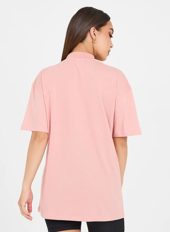 Styli Oversized Paris Print High Neck Longline T-Shirt