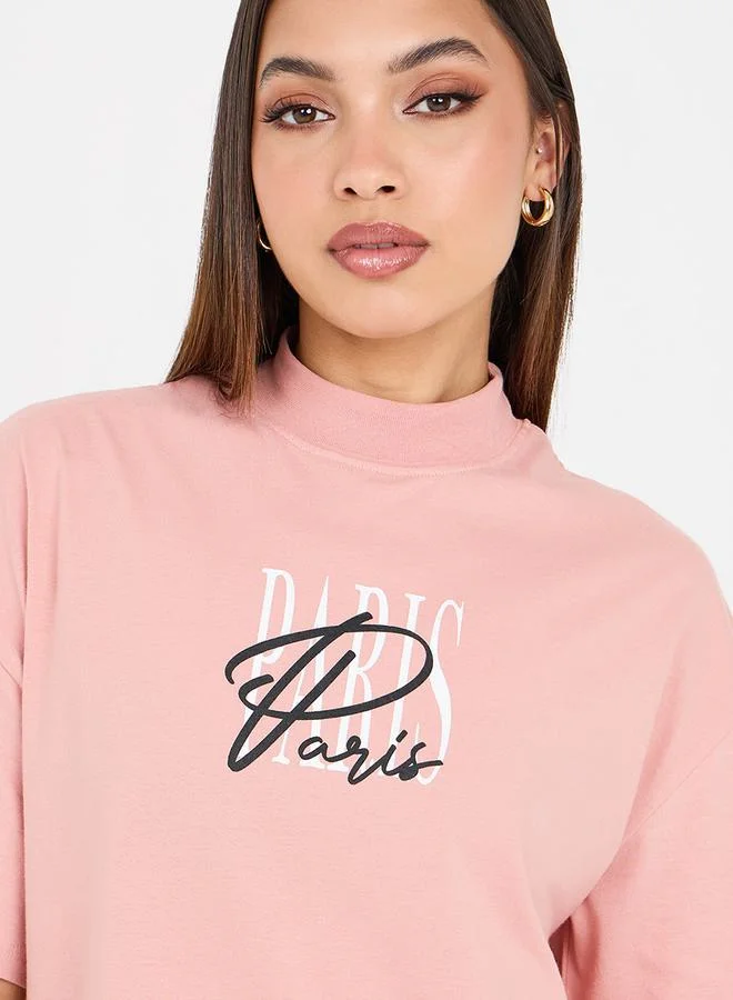 Styli Oversized Paris Print High Neck Longline T-Shirt