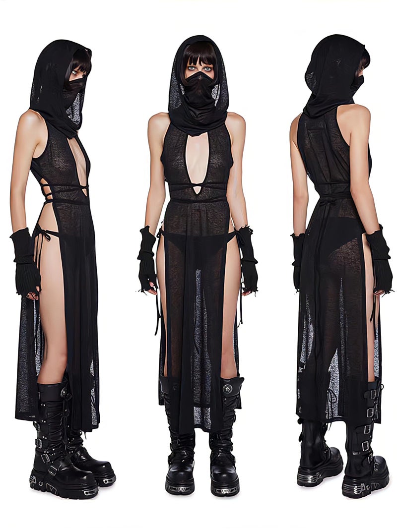 ST.Manrdy Rave Outfits for Women Streetwear High Split Hooded Dress Succubus Sexy Rave Swimsuit Cover Upsï¼ˆLï¼‰ Black - Image 2