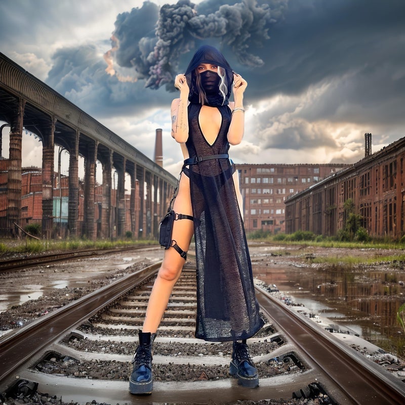 ST.Manrdy Rave Outfits for Women Streetwear High Split Hooded Dress Succubus Sexy Rave Swimsuit Cover Upsï¼ˆLï¼‰ Black - Image 3