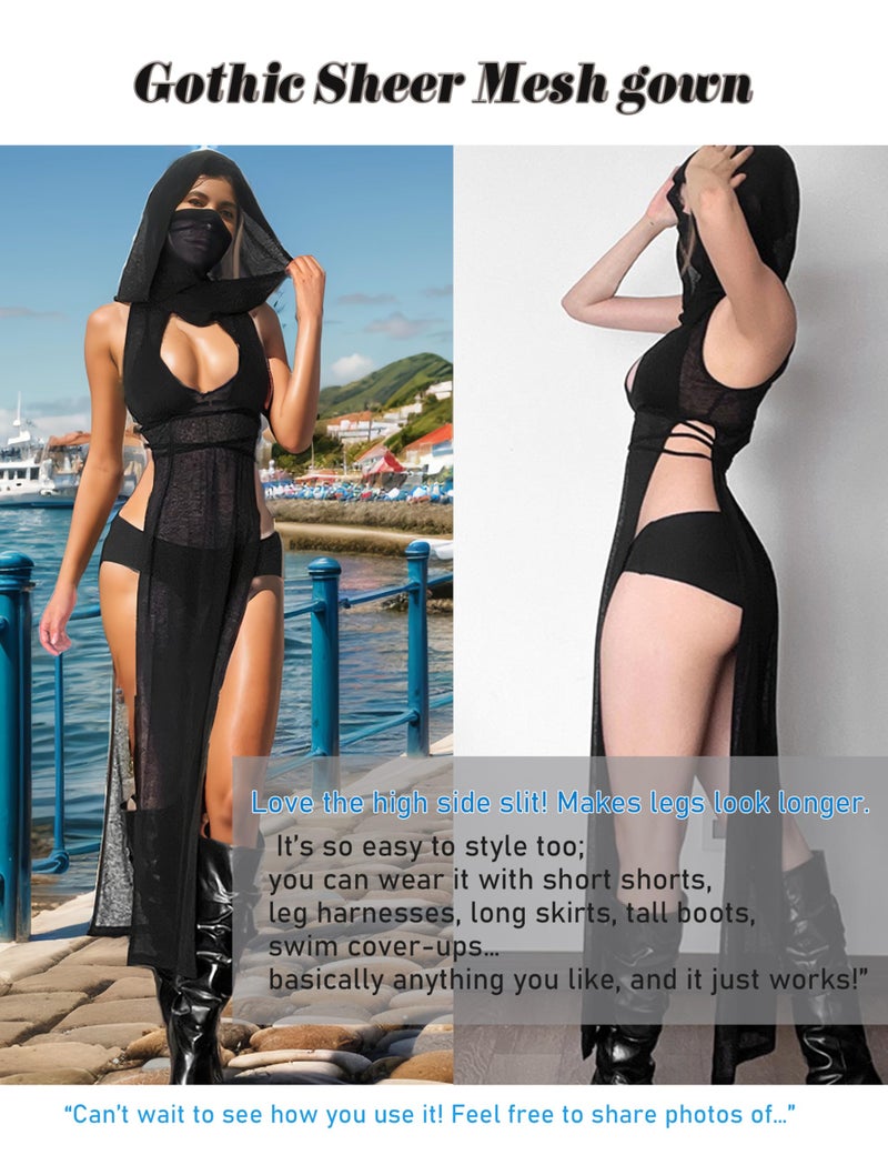 ST.Manrdy Rave Outfits for Women Streetwear High Split Hooded Dress Succubus Sexy Rave Swimsuit Cover Upsï¼ˆLï¼‰ Black - Image 5