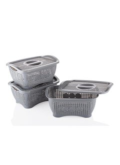 MADHULI Madhuli Plastic Multipurpose Storage Basket With Lids Side Handle Fruit Vegetable Bathroom Stationary Toys Books Organizer Basket For Home Kitchen Wardrobe 255 x 185 x 11 CM Set Of 3 Grey 