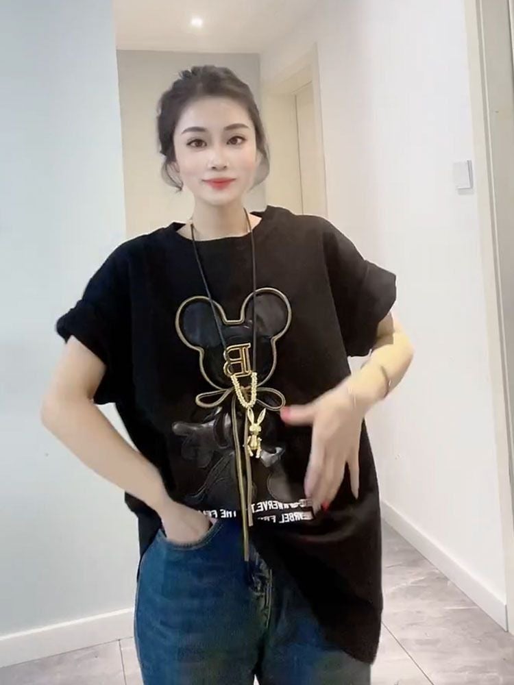 chubby girl Extra Large Size 1.00 kg-150.00 kg Mid-length T-shirt Women's Short-sleeved Loose Spring and Autumn Heavy Industry Fashionable Thickened Brinded Top - Image 3