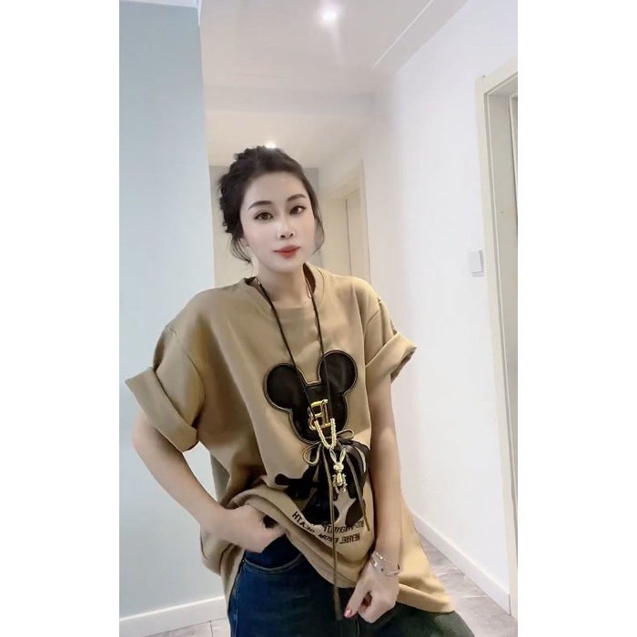 chubby girl Extra Large Size 1.00 kg-150.00 kg Mid-length T-shirt Women's Short-sleeved Loose Spring and Autumn Heavy Industry Fashionable Thickened Brinded Top - Image 1