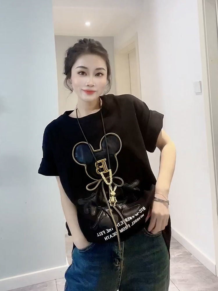 chubby girl Extra Large Size 1.00 kg-150.00 kg Mid-length T-shirt Women's Short-sleeved Loose Spring and Autumn Heavy Industry Fashionable Thickened Brinded Top - Image 4
