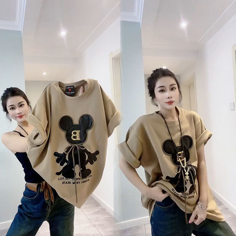 chubby girl Extra Large Size 1.00 kg-150.00 kg Mid-length T-shirt Women's Short-sleeved Loose Spring and Autumn Heavy Industry Fashionable Thickened Brinded Top - Image 5