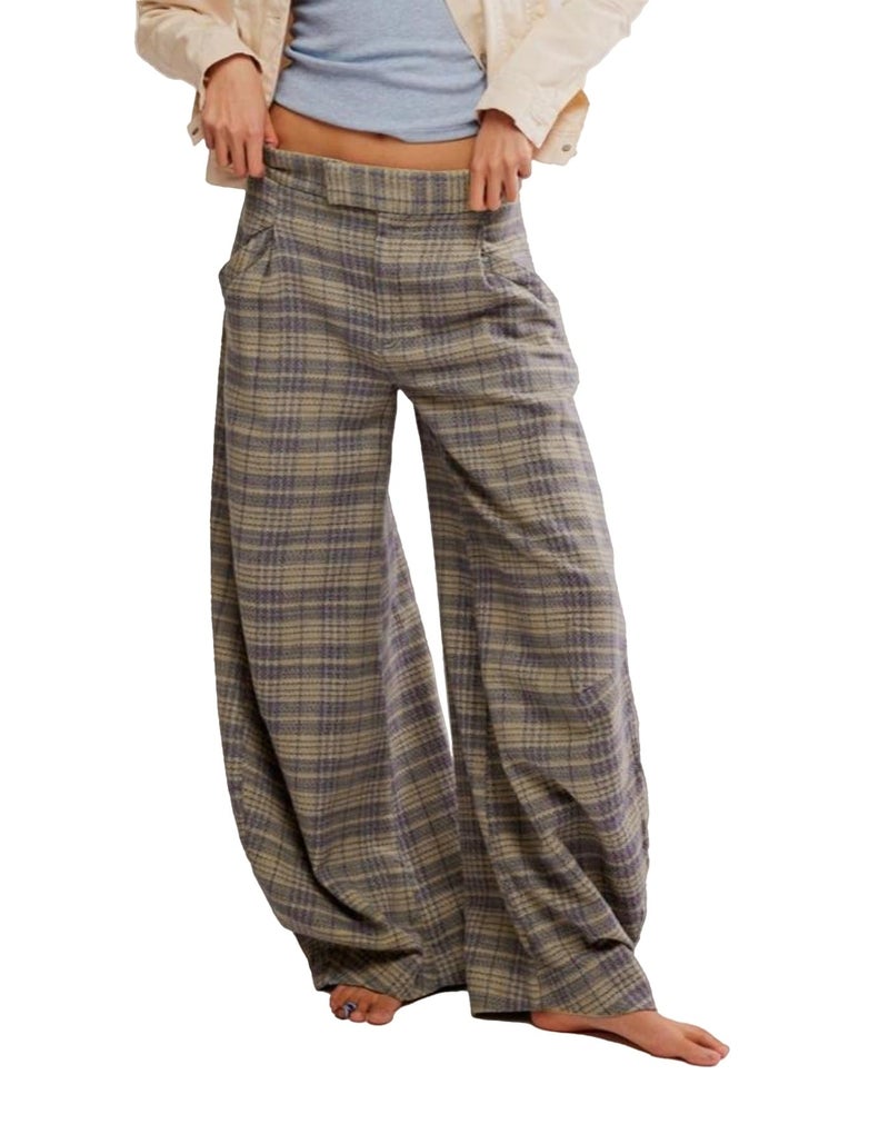Kedera Women Vintage Tartan Plaid Print Wide Leg Pants High Waisted Baggy Trousers Casual Business Work Slacks Brown - Image 1