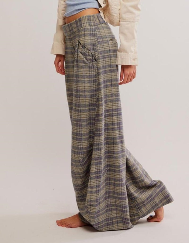 Kedera Women Vintage Tartan Plaid Print Wide Leg Pants High Waisted Baggy Trousers Casual Business Work Slacks Brown - Image 2