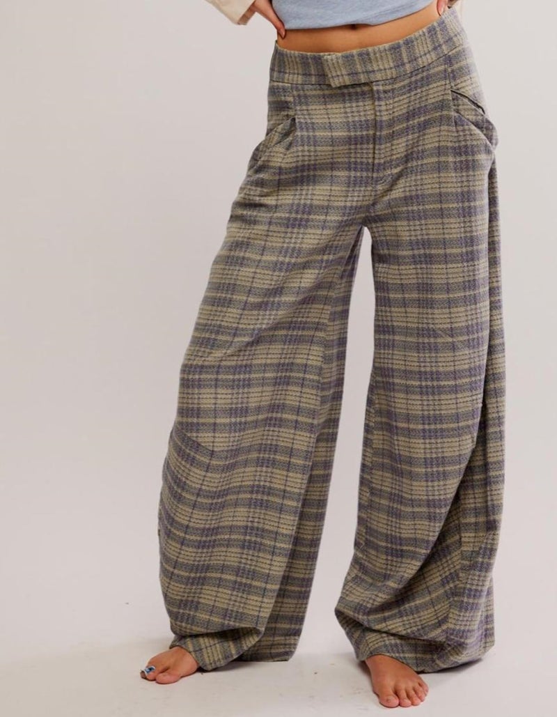Kedera Women Vintage Tartan Plaid Print Wide Leg Pants High Waisted Baggy Trousers Casual Business Work Slacks Brown - Image 3
