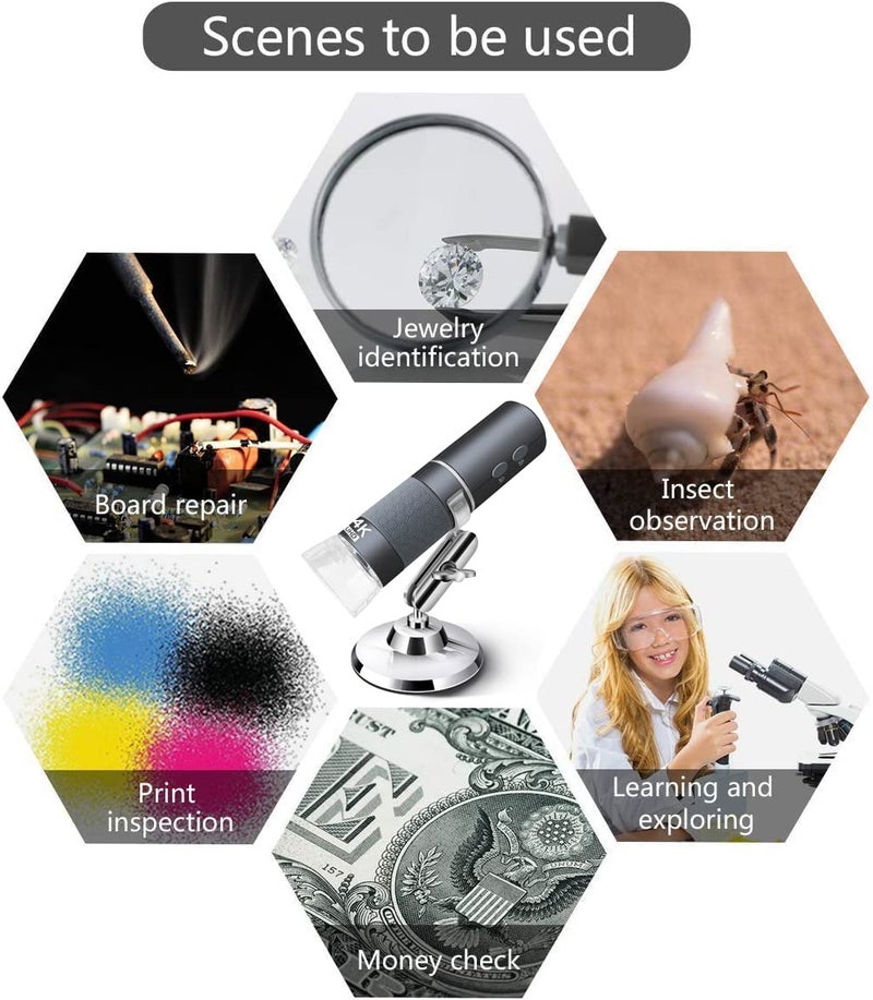 Jiusion Mini USB Digital Handheld Microscope Wireless Endoscope Camera with 40 to 1000X Magnification Phone Suction, Metal Stand, Set of 8 LED and WiFi Compatible with iPhone iPad Mac Window Android - Image 2