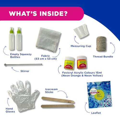 Fevicryl Tie & Dye Neon Kit | Complete DIY Fabric Colour Kit with 2 x 15 ml Neon Acrylic Colors, 21 x 21 Inches Fabric, Squeezer & More | Ideal for Gifting, Beginners & Art Enthusiasts - Image 3