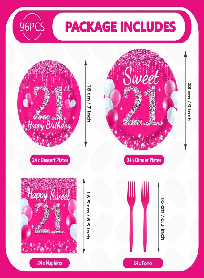 Grencian 96Pcs 21st Birthday Party Supplies 350 GSM Hot Pink Sweet 21 Plates and Napkins Tableware Sets Happy 21st Birthday Decorations for Girls Women Finally Legal 21 Years Old Party Favors, Serves 24 - Image 2